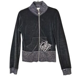 Vtg Y2K Velvet Womens Full Zip Sweater Black Whimsigoth Beaded Embellished Large